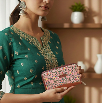 Handcrafted Heritage Print Zip Wallet with Vegan Leather Trim