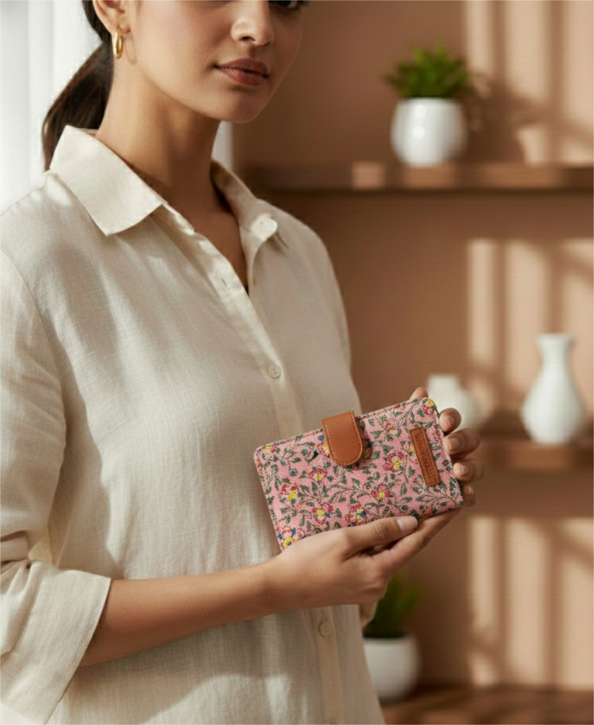 Handcrafted Floral Print Mini Card Wallet with Snap Closure