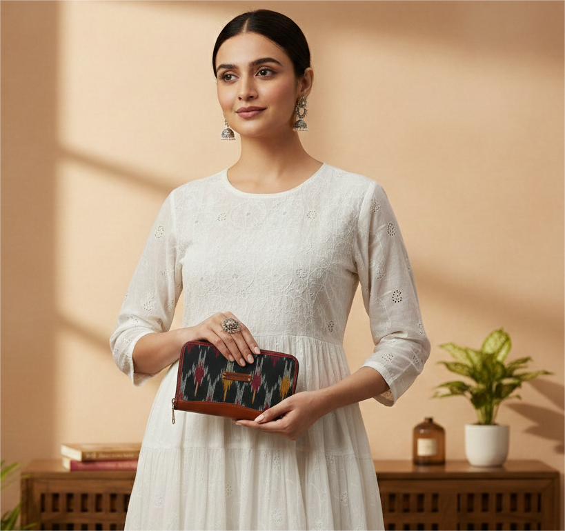 Handcrafted Heritage Ikkat Zip Wallet with Vegan Leather Trim