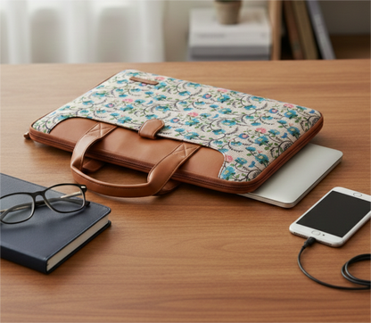 Handcrafted Floral Paithani inspired print Vegan Leather L Zipper Laptop Sleeve 15.6 inch