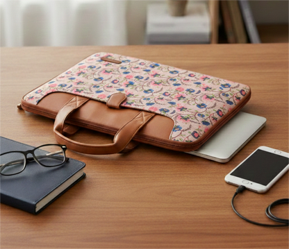 Handcrafted Floral Paithani inspired print Vegan Leather L Zipper Laptop Sleeve 15.6 inch