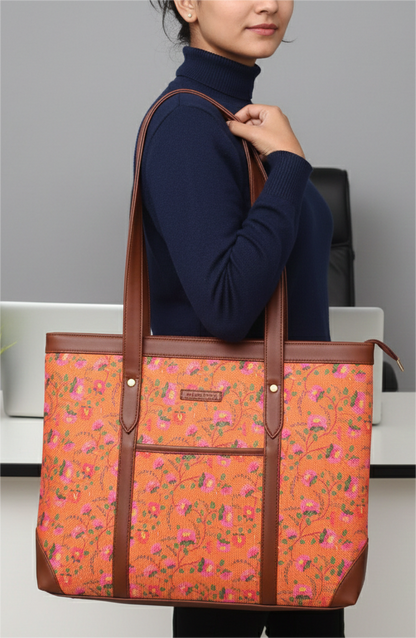Handcrafted Floral Laptop Tote with Vegan Leather Handles fits upto 14.5 size laptop