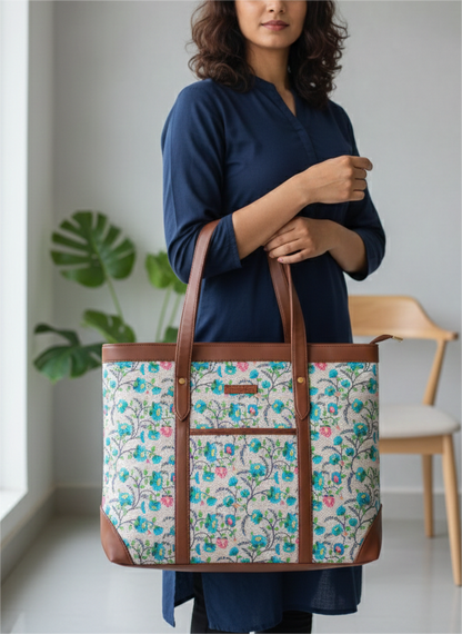 Handcrafted Floral Laptop Tote with Vegan Leather Handles fits upto 14.5 size laptop
