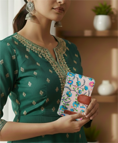 Handcrafted Floral Print Mini Card Wallet with Snap Closure