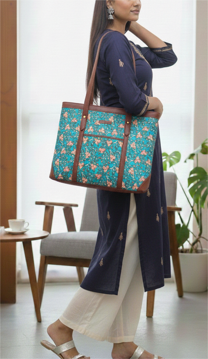 Handcrafted Floral Laptop Tote with Vegan Leather Handles fits upto 14.5 size laptop