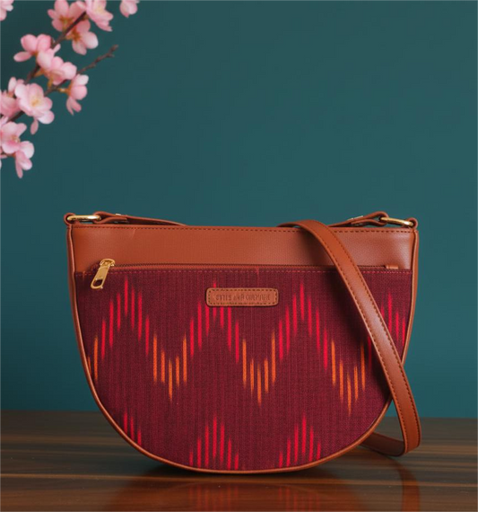 Style and Culture Handcrafted Red Ikat Crescent Vegan Sling Bag