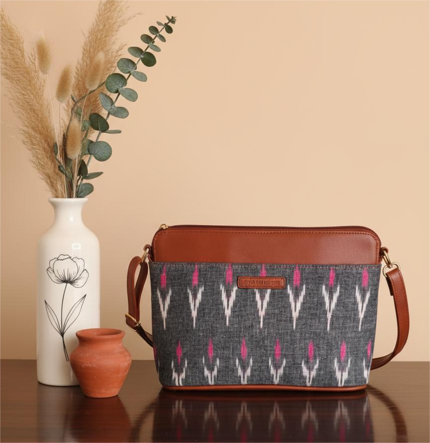 Style and Culture Handcrafted Grey Ikat Heritage Vegan Sling Bag