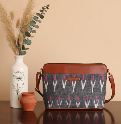Style and Culture Handcrafted Grey Ikat Heritage Vegan Sling Bag