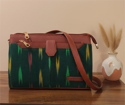Style and Culture Handcrafted Emerald Ikat & Tan Vegan Leather Crossbody Sling Bag