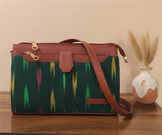 Style and Culture Handcrafted Emerald Ikat & Tan Vegan Leather Crossbody Sling Bag