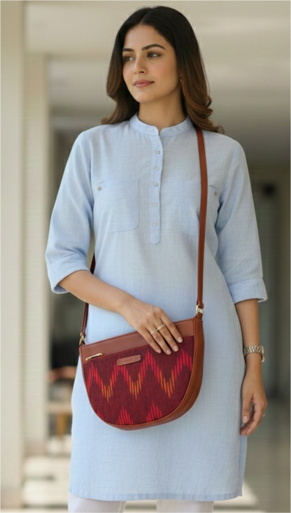 Style and Culture Handcrafted Red Ikat Crescent Vegan Sling Bag Inspired By Indian Textiles