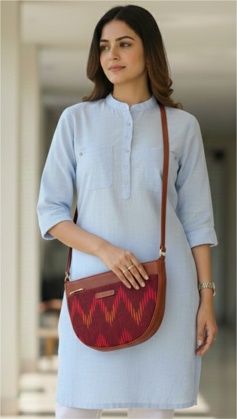 Style and Culture Handcrafted Red Ikat Crescent Vegan Sling Bag