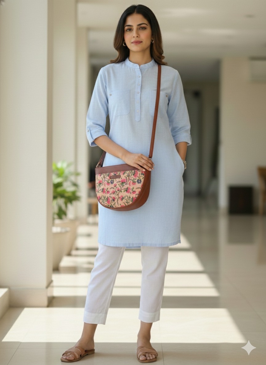 Style and Culture Handcrafted Pink Floral Crescent Sling Bag