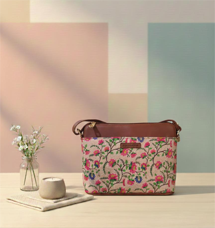 Style and Culture Handcrafted Pastel Garden Floral Vegan Sling Bag