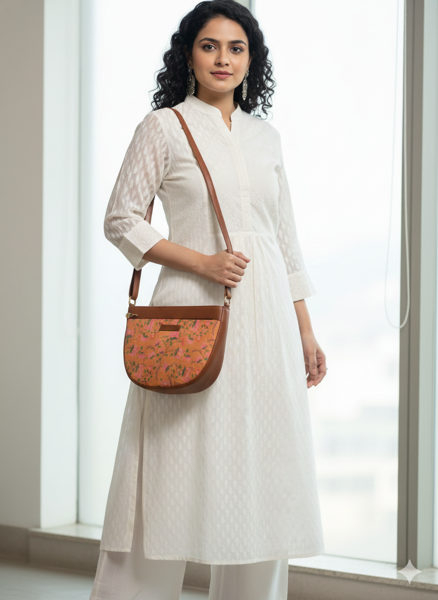 Style and Culture Handcrafted Orange Floral Crescent Sling Bag