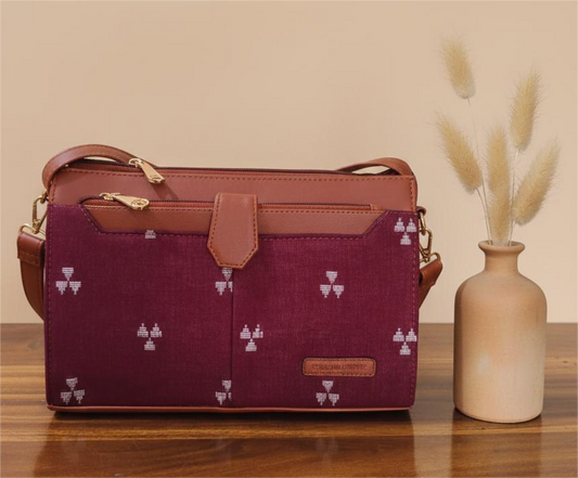 Style and Culture Handcrafted Maroon Ikat weave Vegan Sling Bag