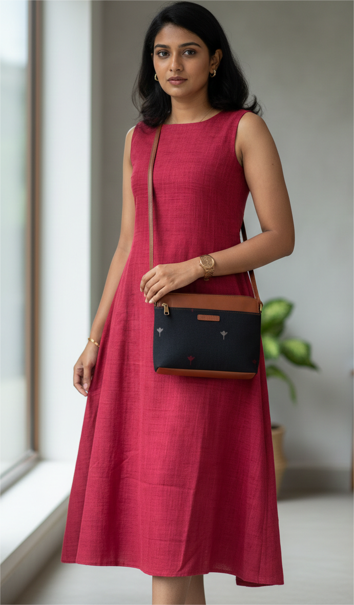 Style and Culture Handcrafted Black Minimal Ikat Vegan Sling Bag Inspired By Indian Textiles