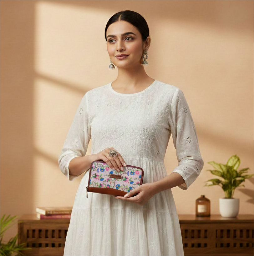 Handcrafted Heritage Print Zip Wallet with Vegan Leather Trim