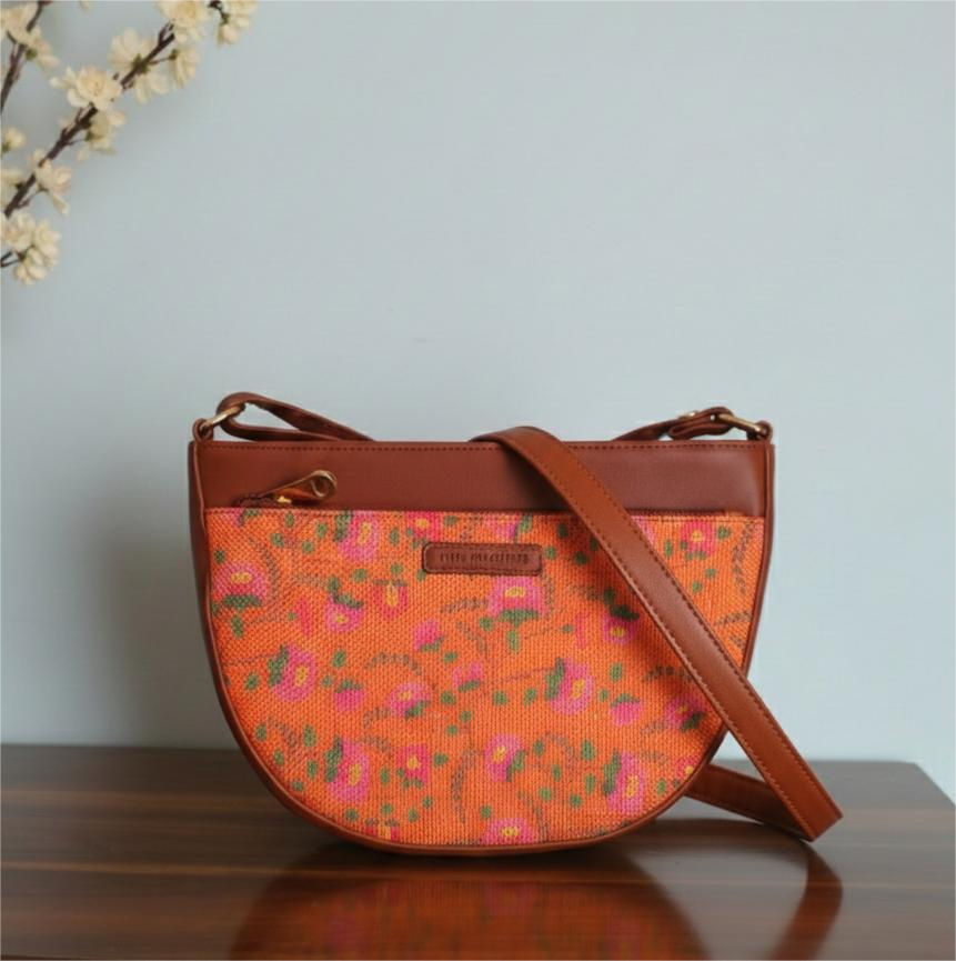 Style and Culture Handcrafted Orange Floral Crescent Sling Bag