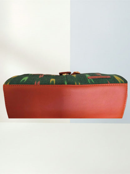 Style and Culture Handcrafted Emerald Ikat & Tan Vegan Leather Crossbody Sling Bag Inspired By Indian Textiles
