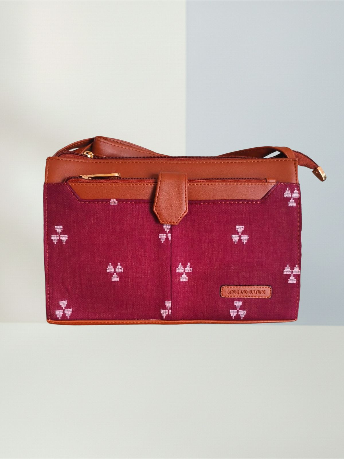 Style and Culture Handcrafted Maroon Ikat weave Vegan Sling Bag Inspired By Indian Textiles