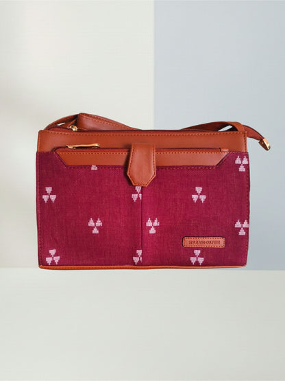 Style and Culture Handcrafted Maroon Ikat weave Vegan Sling Bag Inspired By Indian Textiles