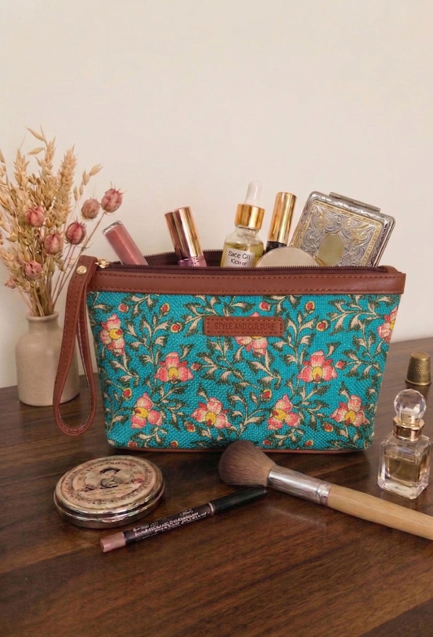Style and Culture Turquoise Floral Vegan Wristlet Pouch