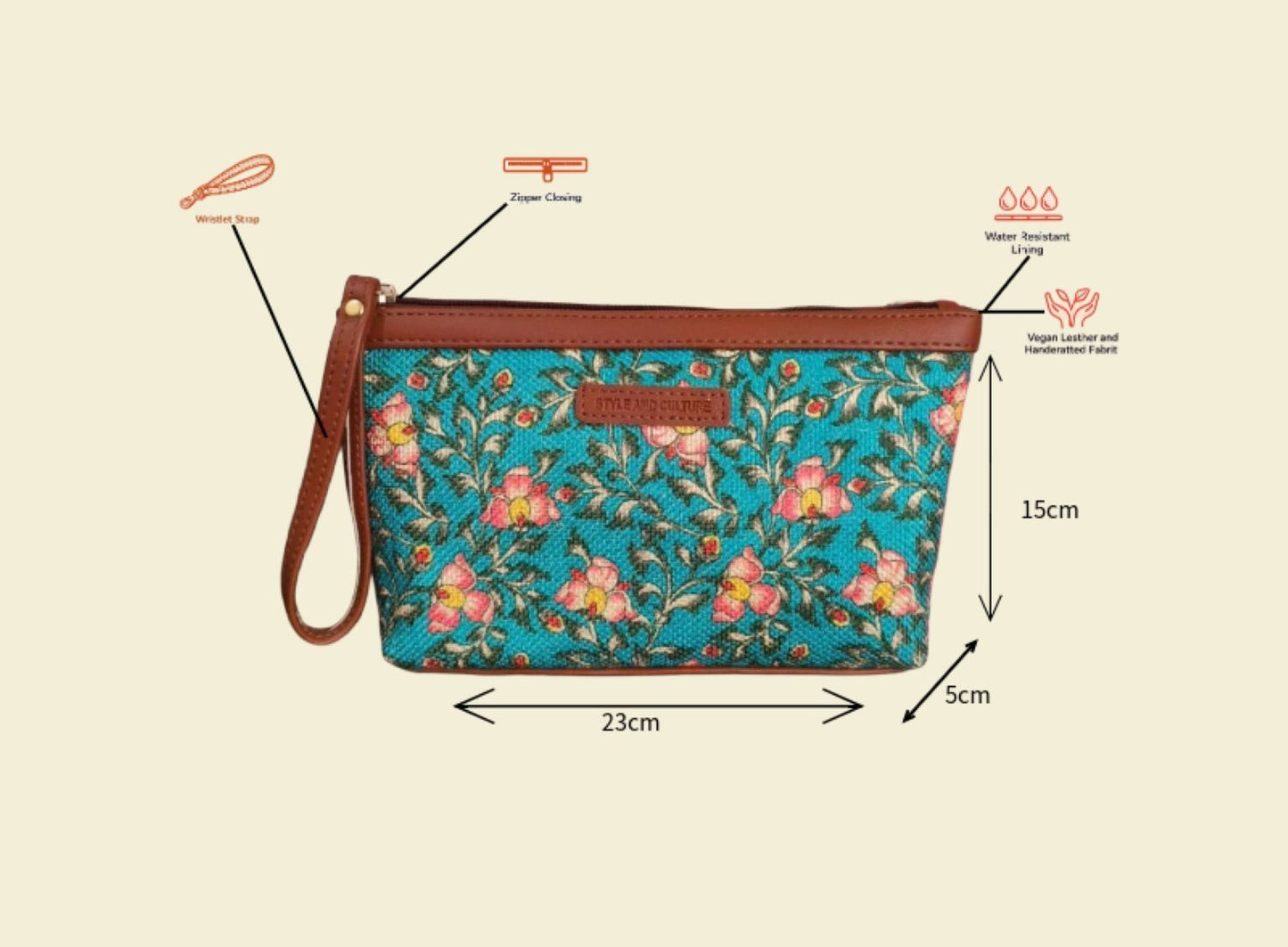 Style and Culture Turquoise Floral Vegan Wristlet Pouch