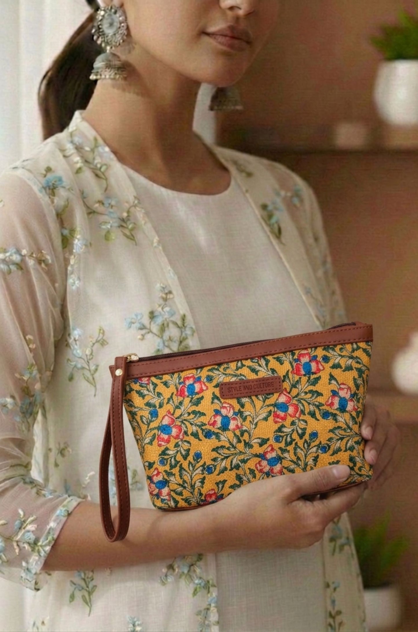 Style and Culture Marigold Floral Vegan Wristlet Pouch
