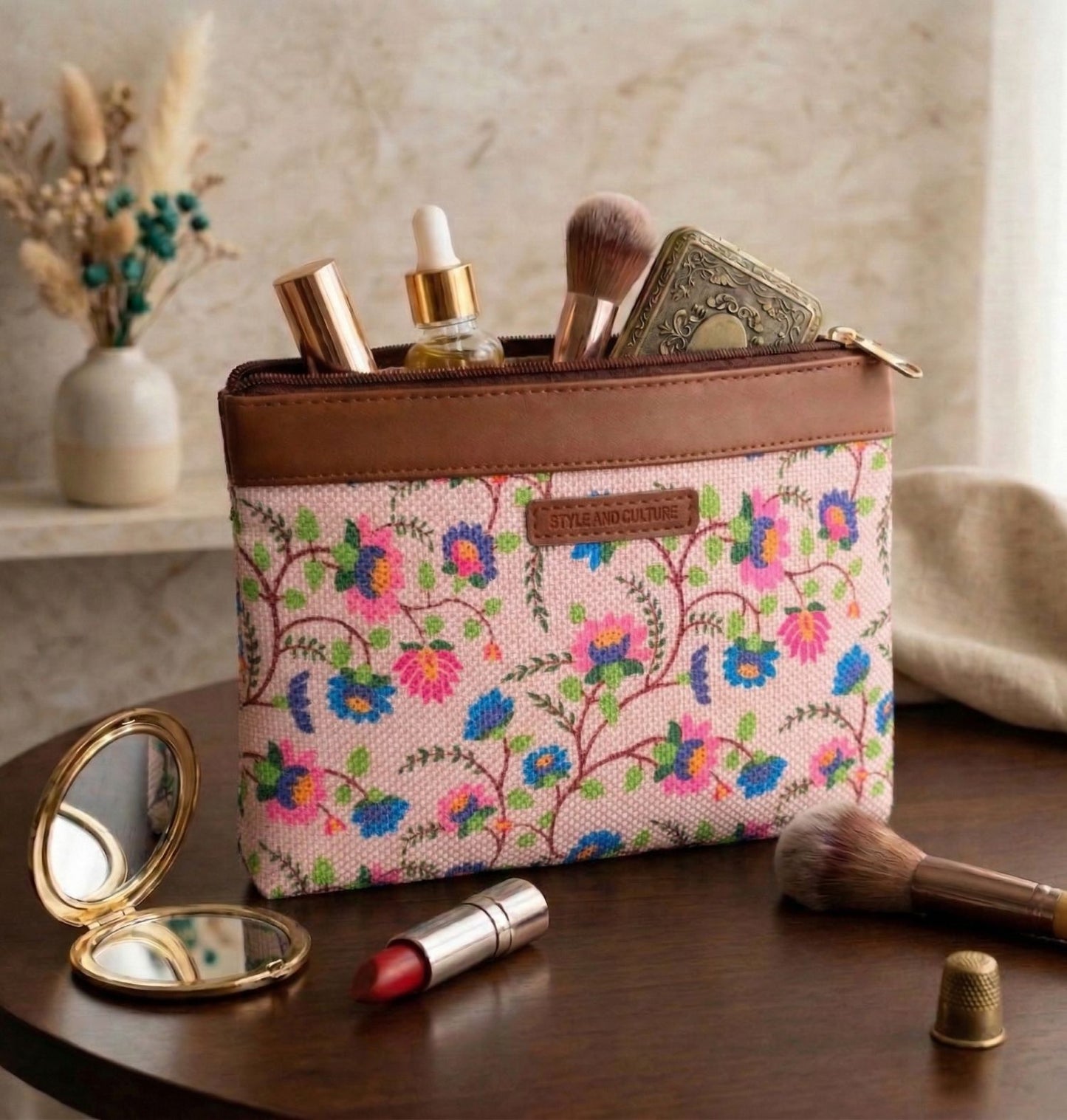 Style and Culture vegan floral motifs pouch perfect for daily essentials.