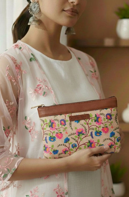 Style and Culture vegan floral motifs pouch perfect for daily essentials.