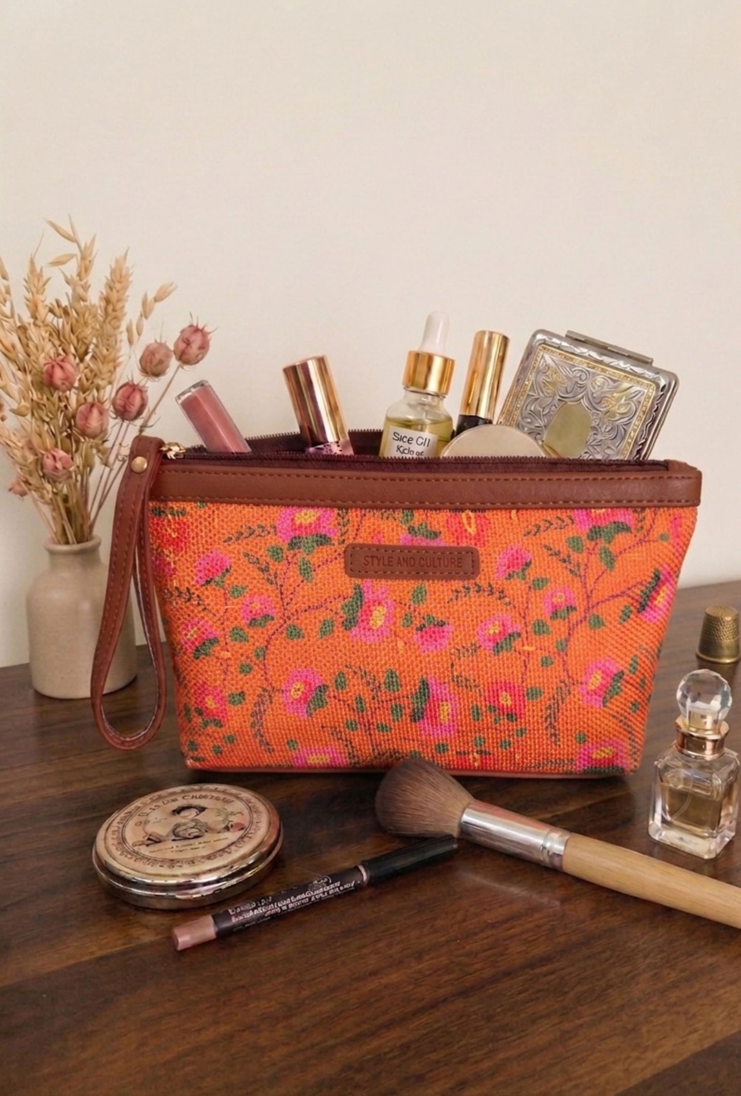 Style and Culture Rustic Floral Vegan Wristlet Pouch