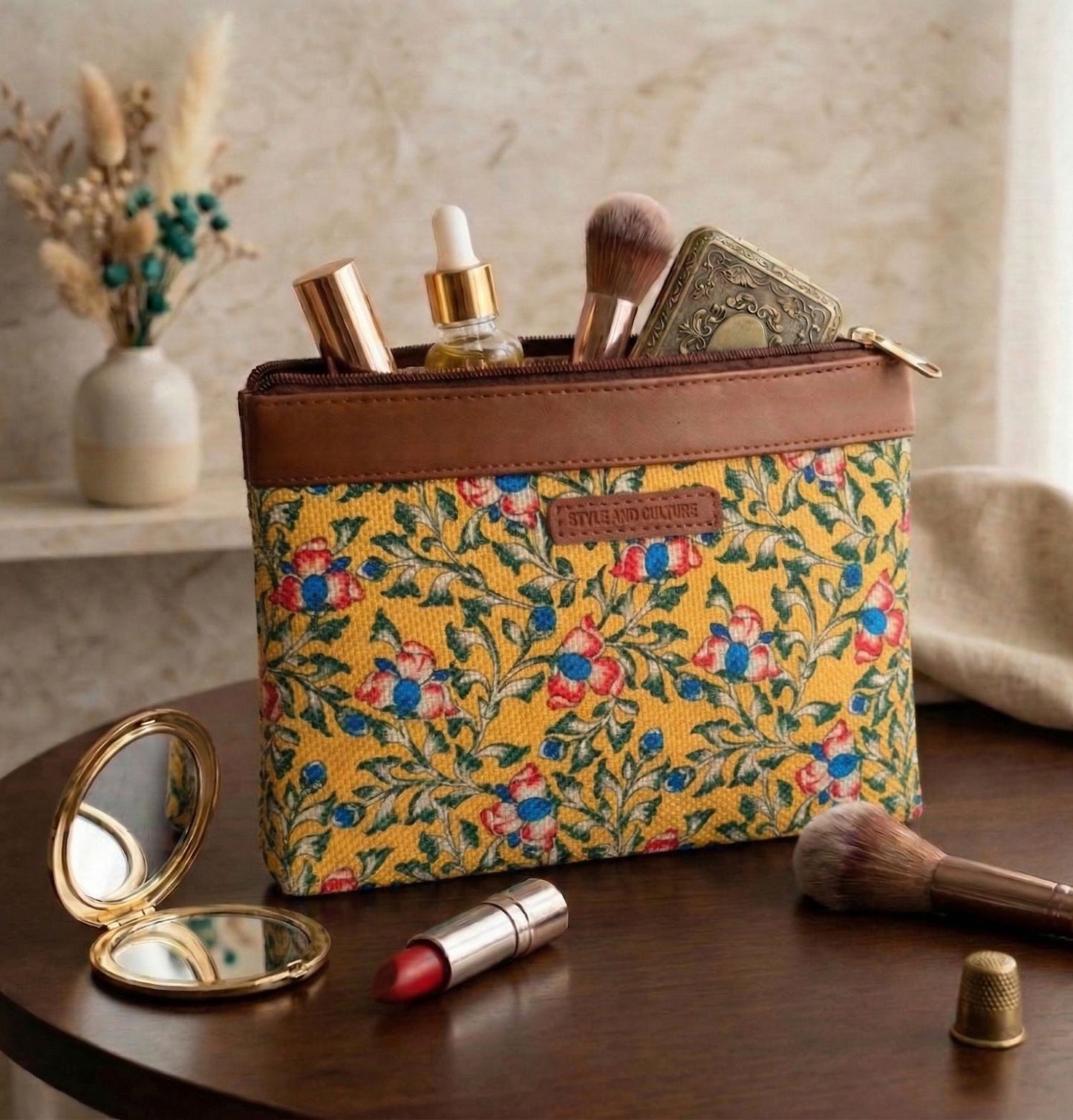 Style and Culture vegan floral motifs pouch perfect for daily essentials.