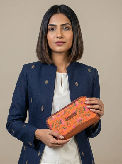 Handcrafted Heritage Print Zip Wallet with Vegan Leather Trim