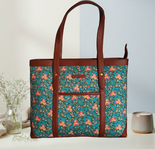 Handcrafted Floral Laptop Tote with Vegan Leather Handles fits upto 14.5 size laptop