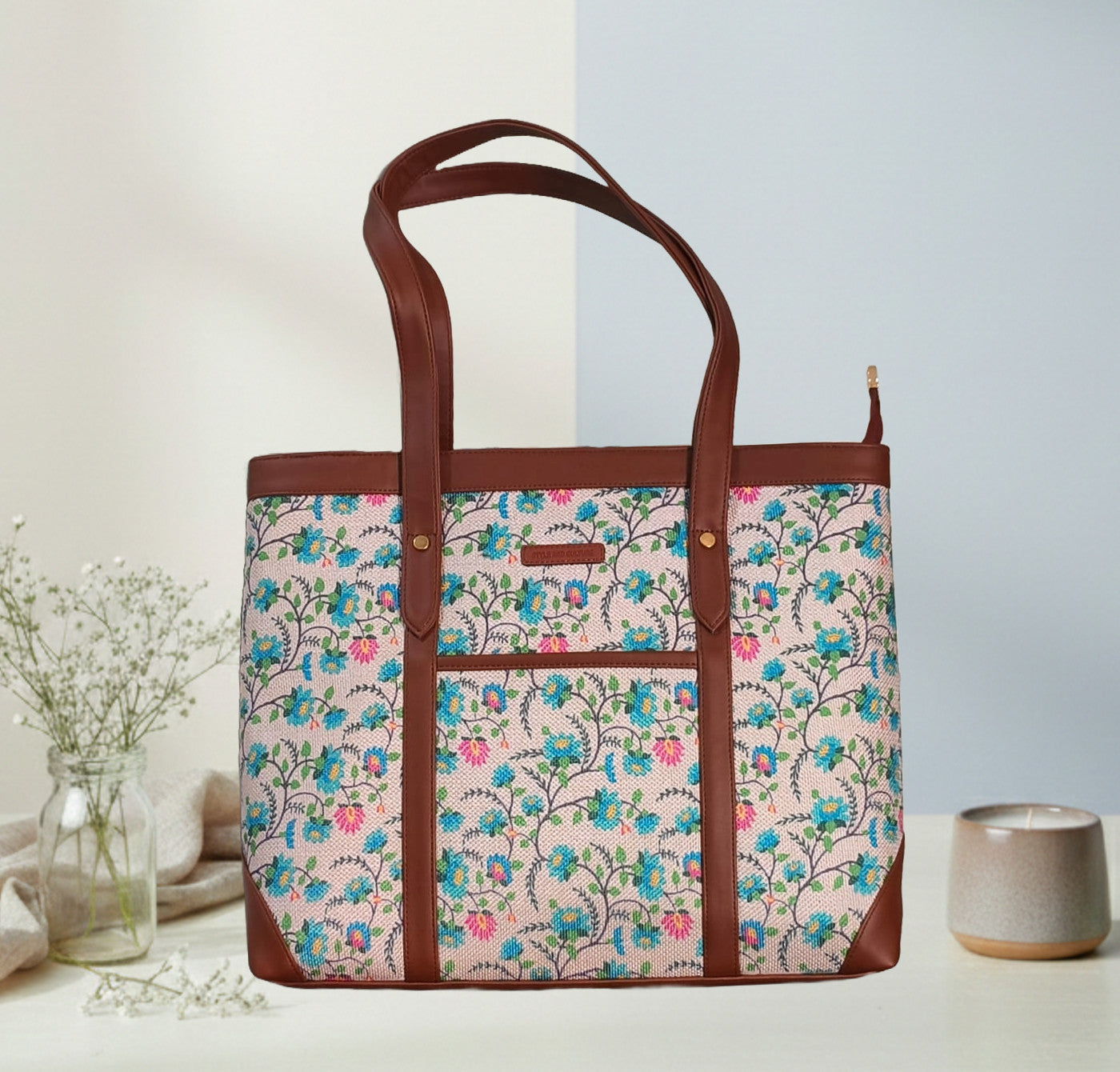 Handcrafted Floral Laptop Tote with Vegan Leather Handles fits upto 14.5 size laptop