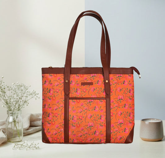Handcrafted Floral Laptop Tote with Vegan Leather Handles fits upto 14.5 size laptop