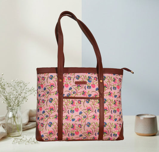 Handcrafted Floral Laptop Tote with Vegan Leather Handles fits upto 14.5 size laptop