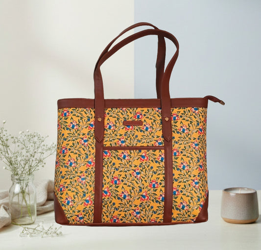 Handcrafted Floral Laptop Tote with Vegan Leather Handles fits upto 14.5 size laptop