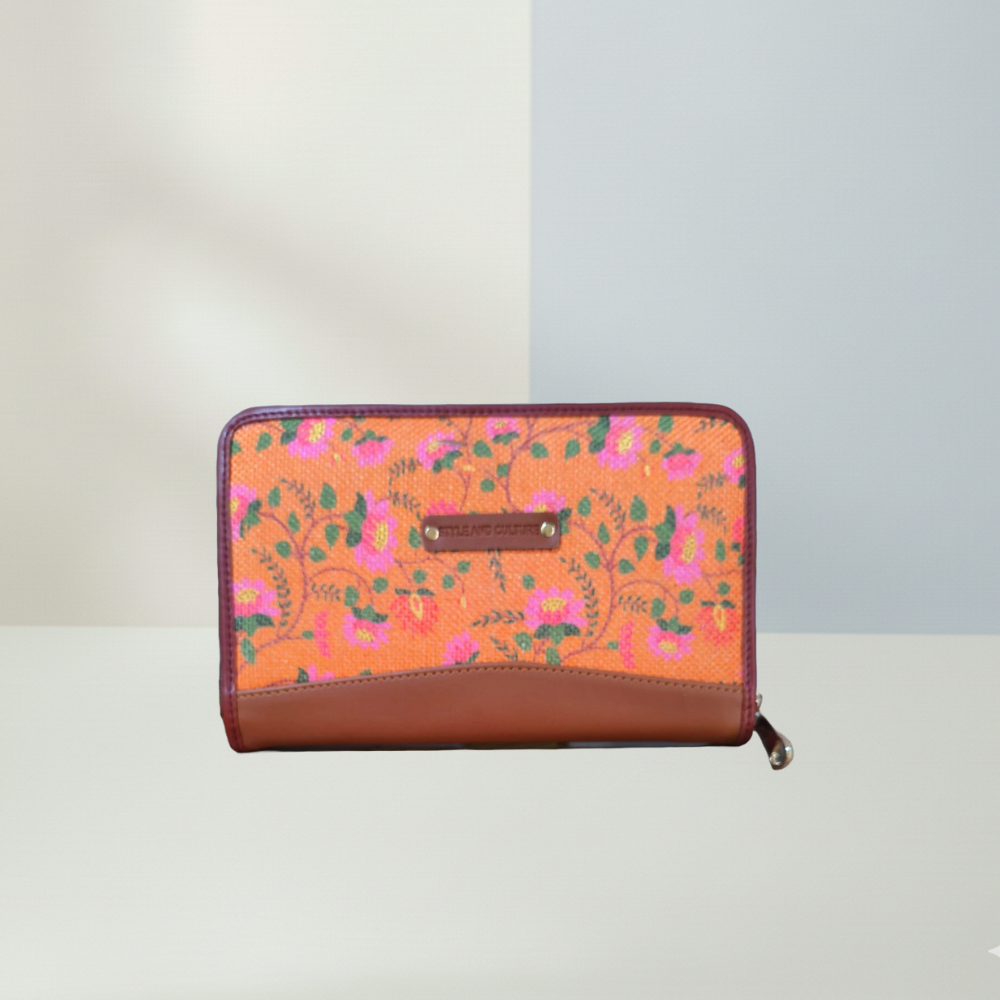 Handcrafted Heritage Print Zip Wallet with Vegan Leather Trim