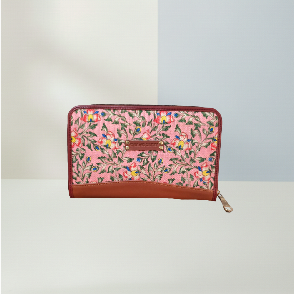 Handcrafted Heritage Print Zip Wallet with Vegan Leather Trim