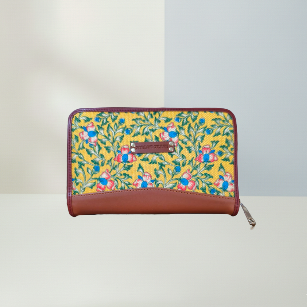 Handcrafted Heritage Print Zip Wallet with Vegan Leather Trim