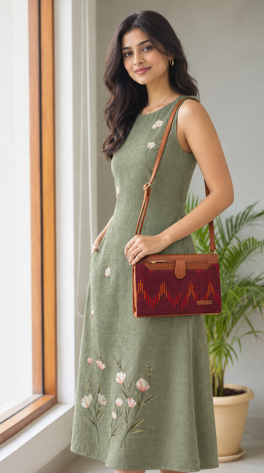 Style and Culture Handcrafted Wavy Maroon Ikat & Tan Vegan Leather Crossbody Sling Bag Inspired By Indian Textiles