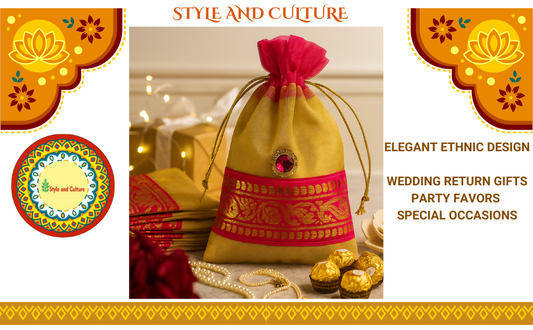 Style and Culture Women's Potli Bags – Wedding Return Gift (Set of 10, Gold) – Elegant Ethnic Design for Festive & Special Occasions
