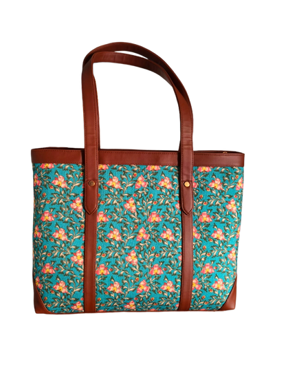 Handcrafted Floral Laptop Tote with Vegan Leather Handles fits upto 14.5 size laptop