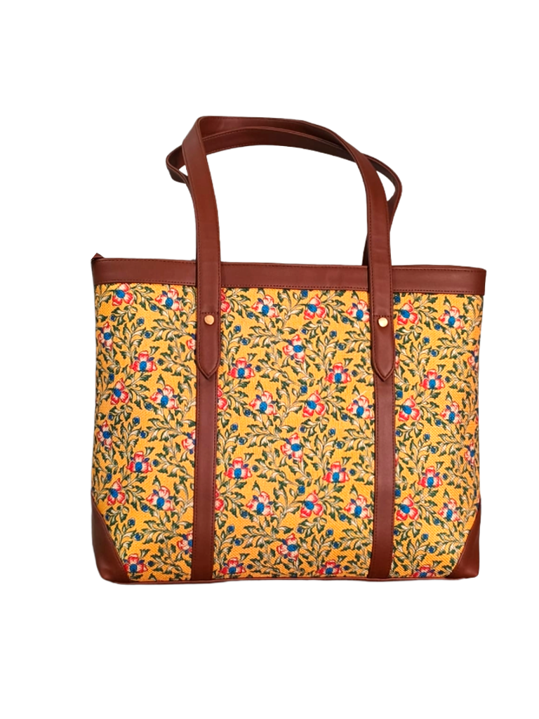 Handcrafted Floral Laptop Tote with Vegan Leather Handles fits upto 14.5 size laptop