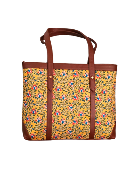 Handcrafted Floral Laptop Tote with Vegan Leather Handles fits upto 14.5 size laptop