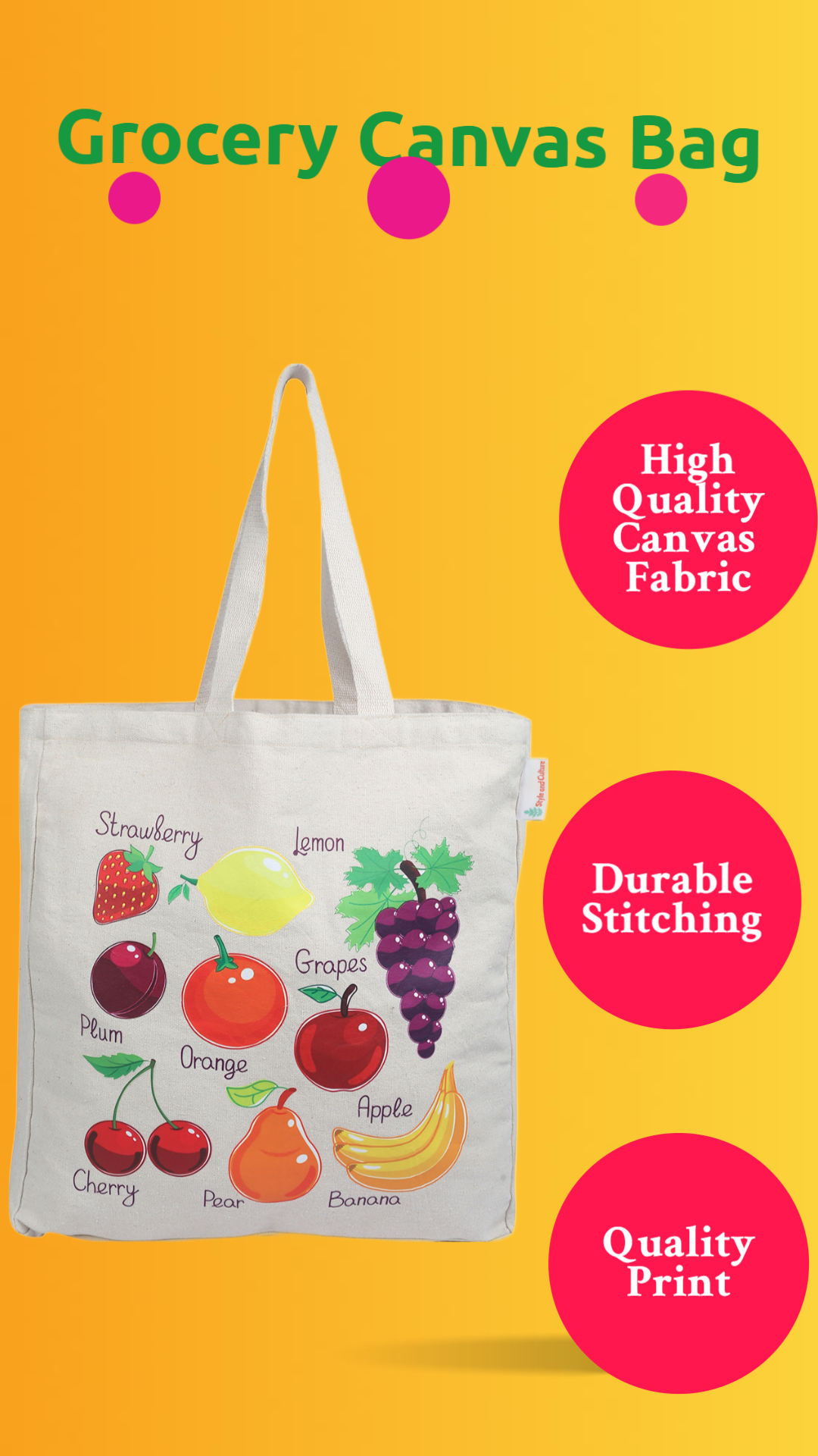 Style and Culture Reusable Canvas tote grocery bag