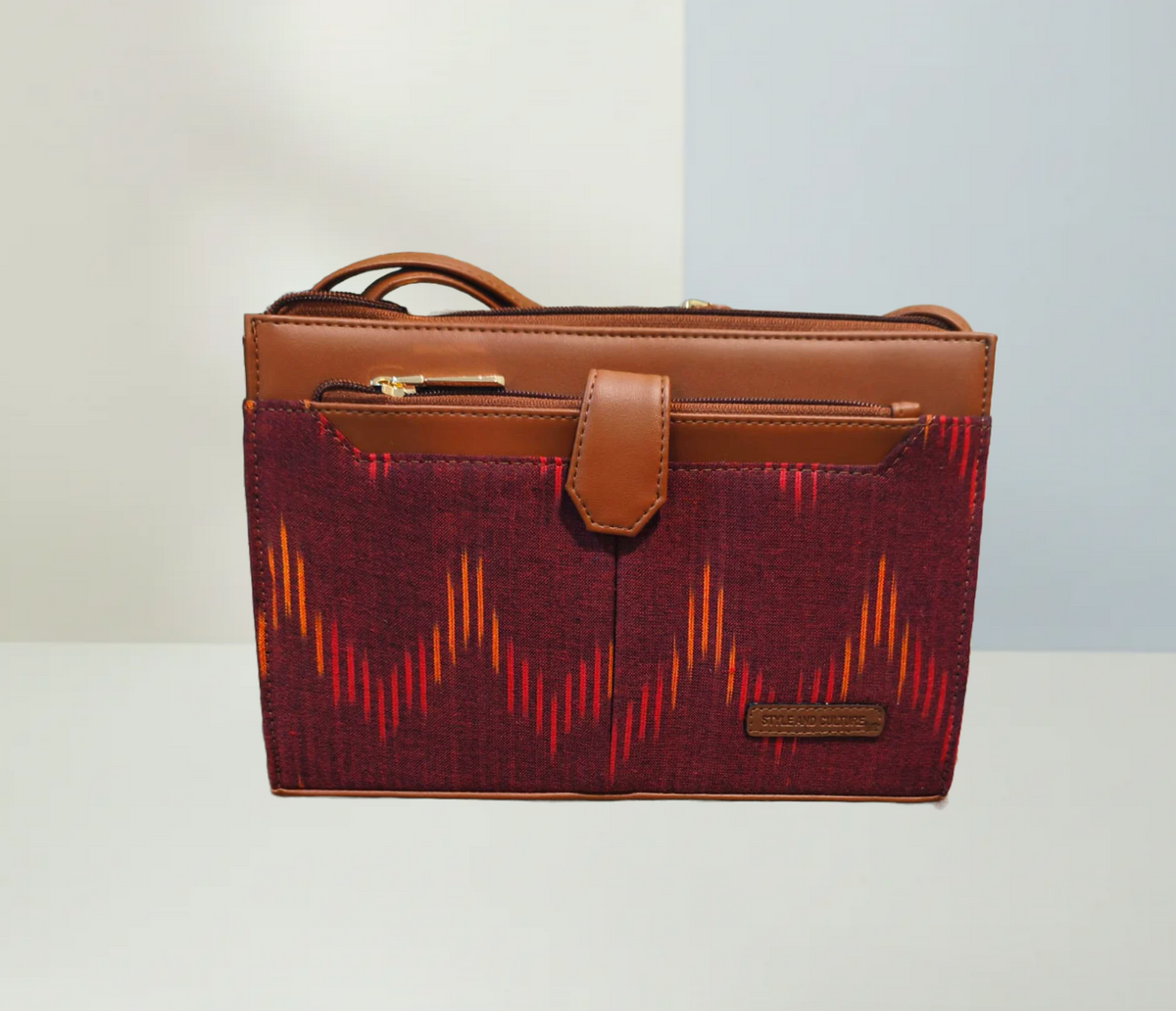 Style and Culture Handcrafted Wavy Maroon Ikat & Tan Vegan Leather Crossbody Sling Bag Inspired By Indian Textiles