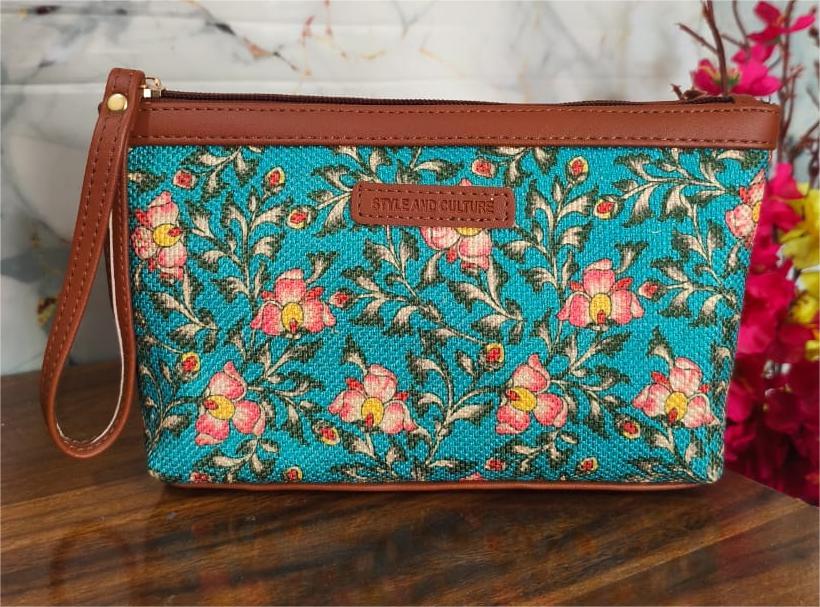 Style and Culture Turquoise Floral Vegan Wristlet Pouch